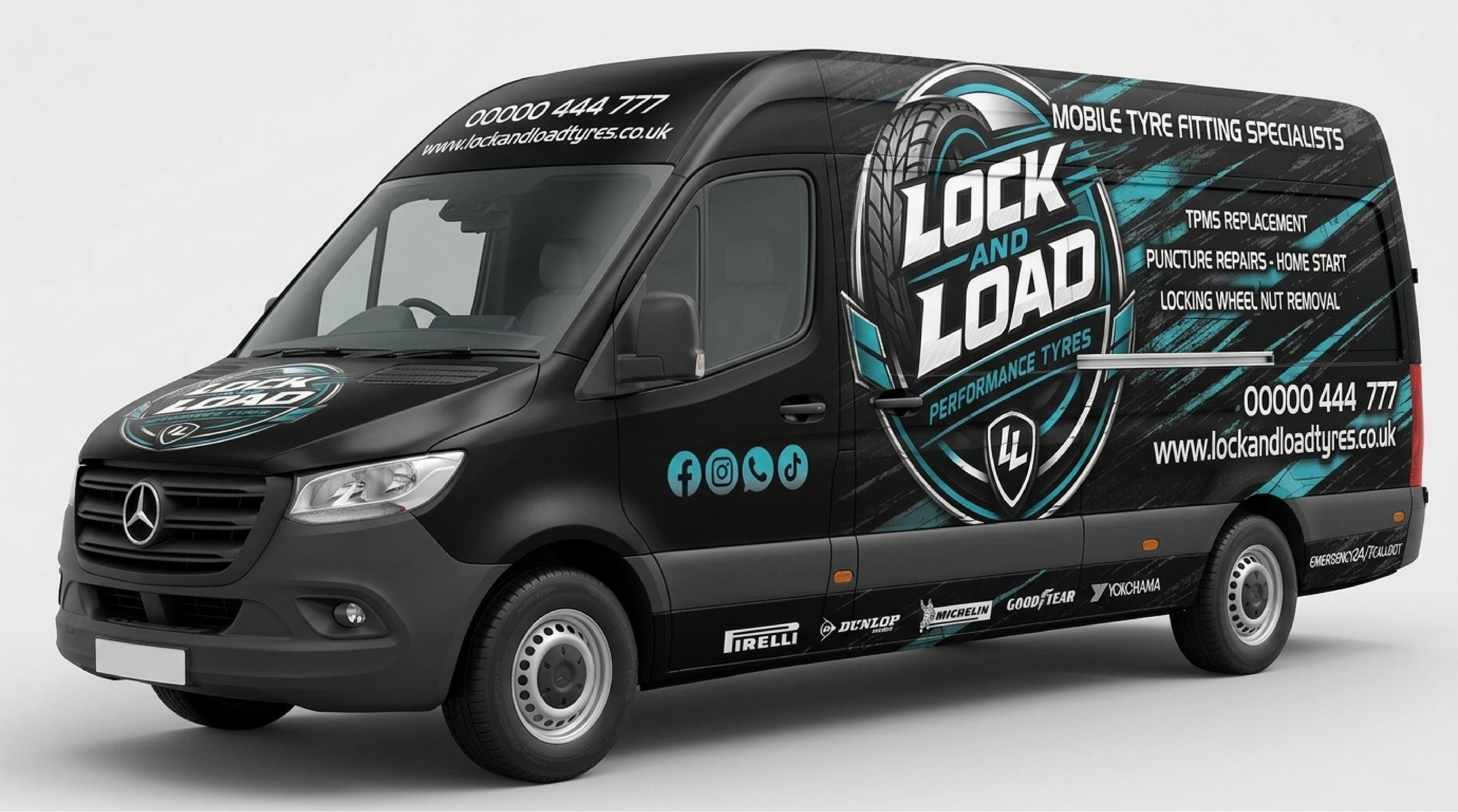 Lock and Load mobile tyre fitting van — black Mercedes Sprinter with teal branding